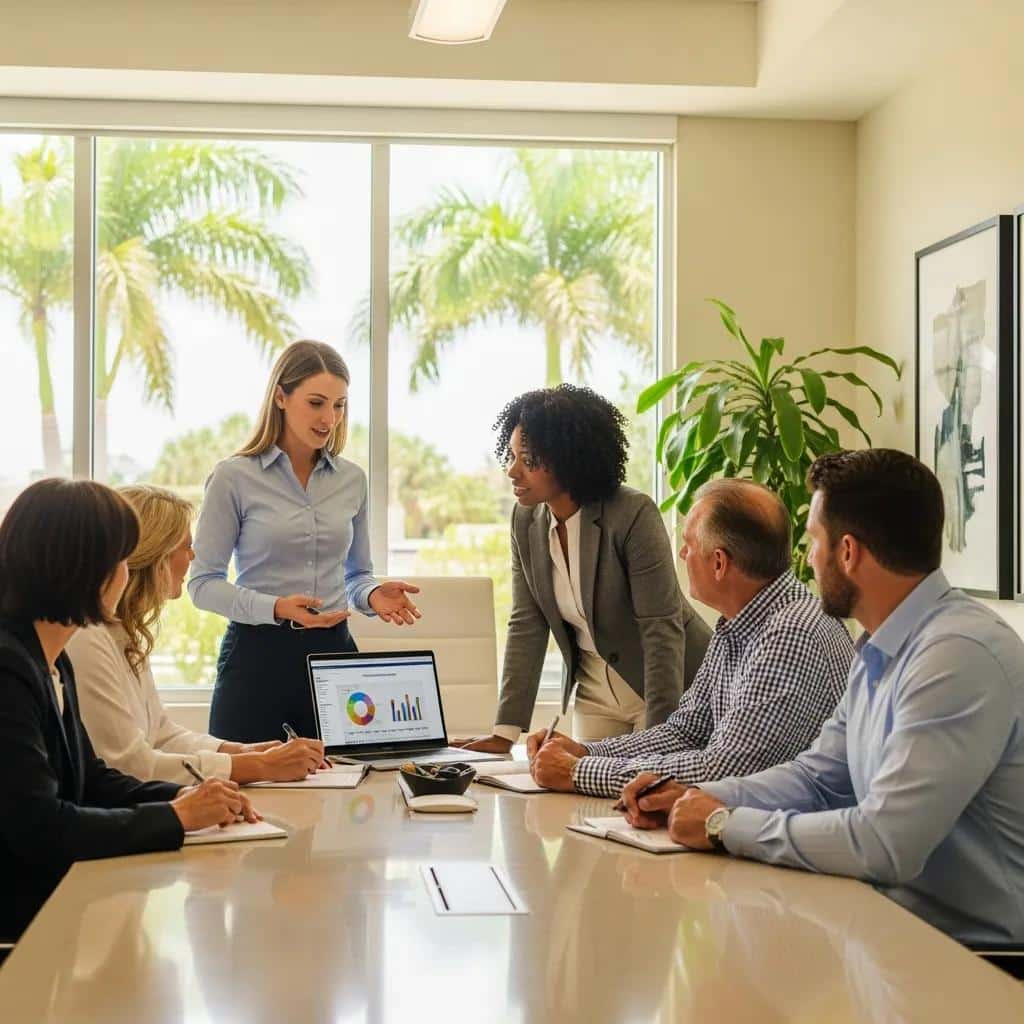 Business owners consulting with an insurance agent in a modern Florida office