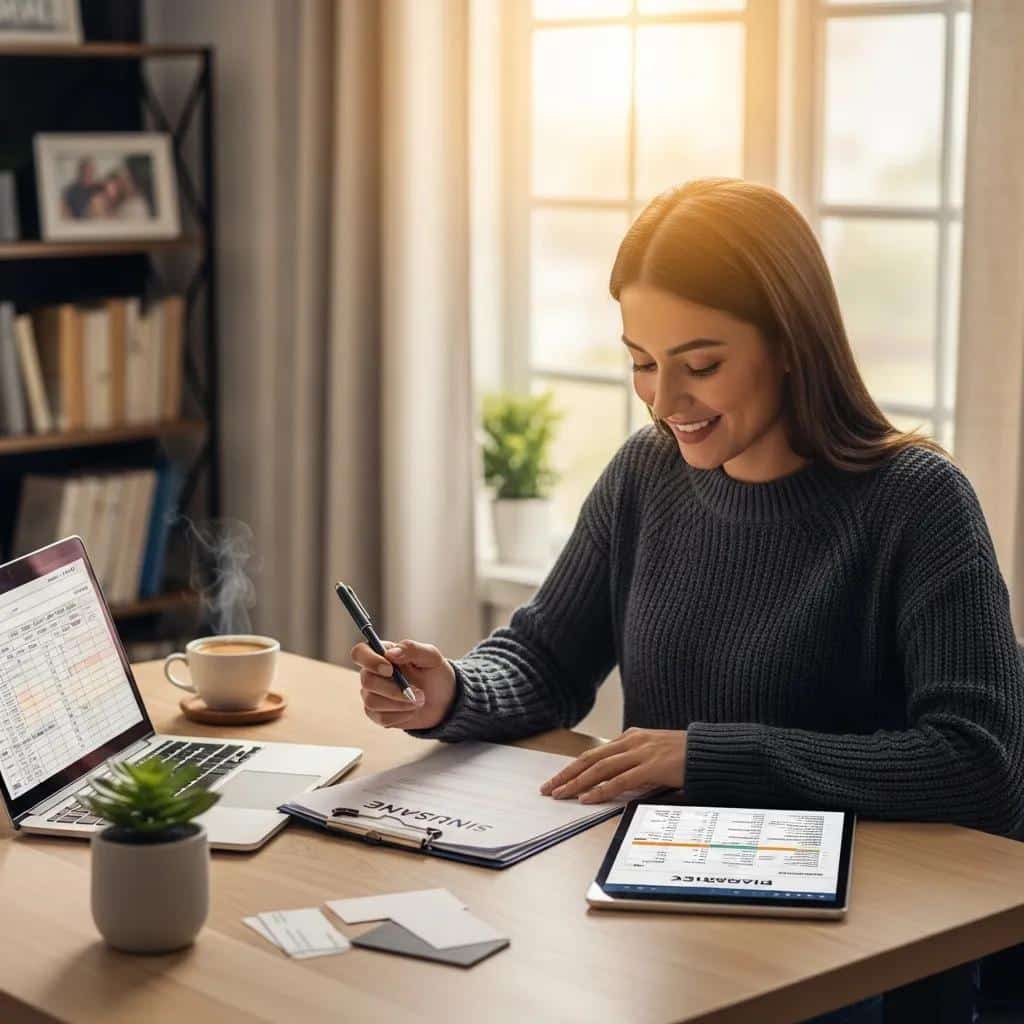 Business owner reviewing insurance documents at a cozy desk, symbolizing financial management and growth