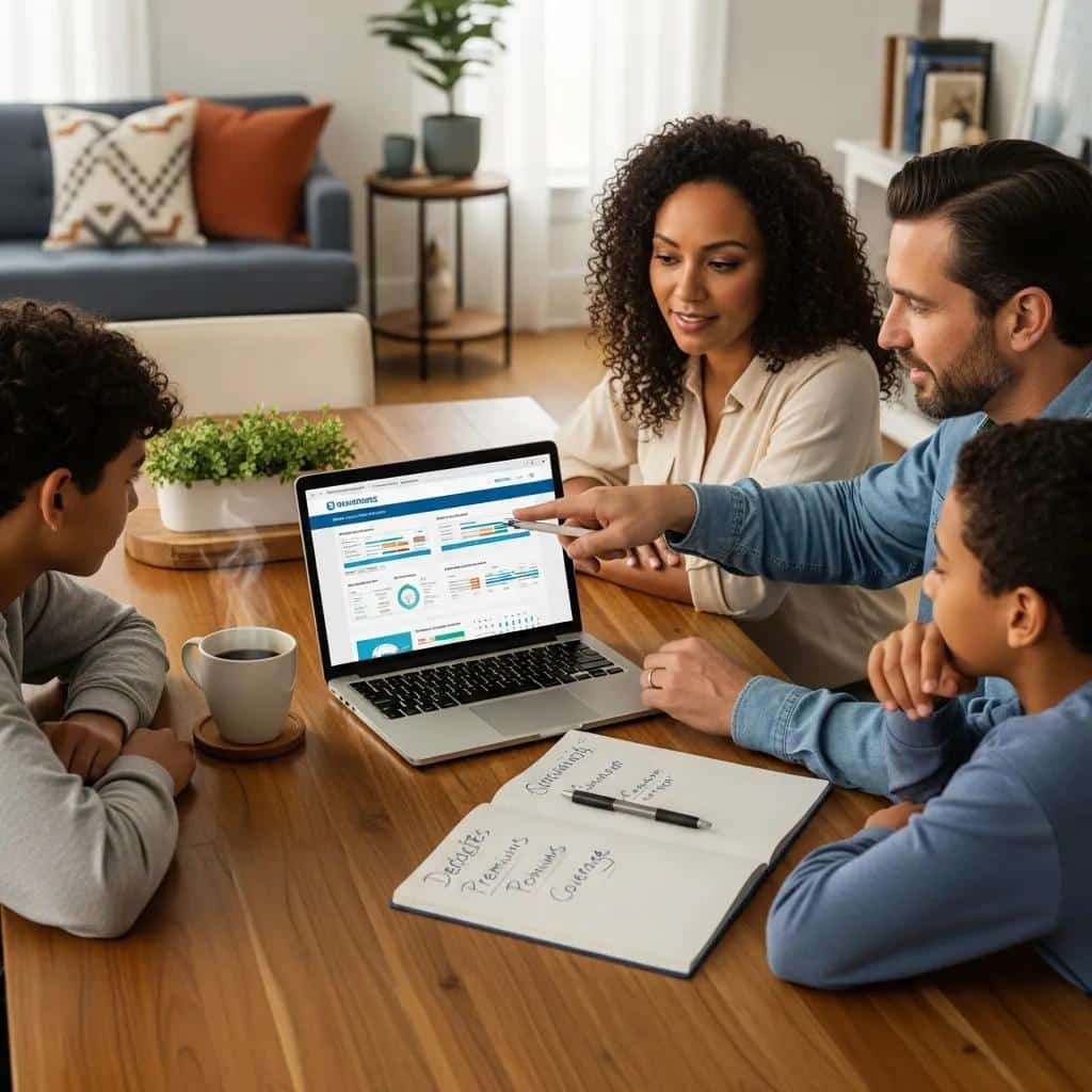 Family discussing insurance options at a table with a laptop and coffee, highlighting the importance of financial security