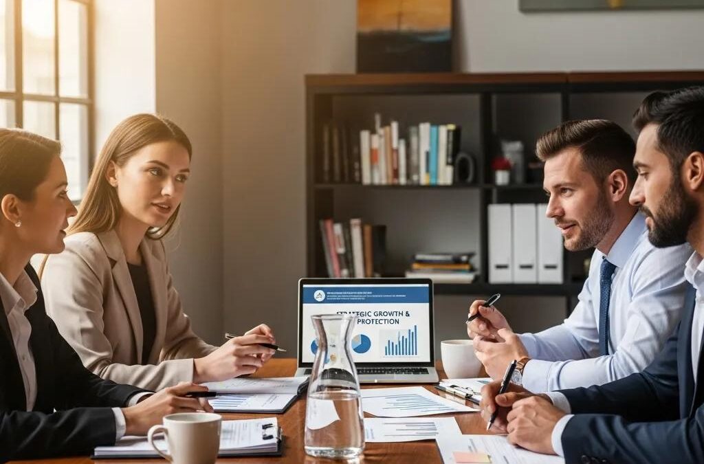 Business professionals discussing insurance strategies in a collaborative environment