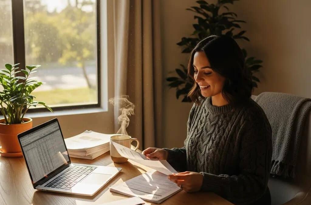 Small business owner reviewing insurance documents in a cozy office