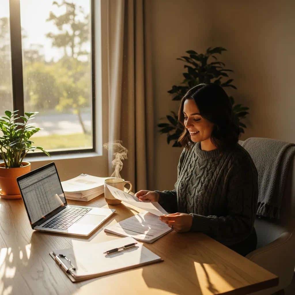Small business owner reviewing insurance documents in a cozy office setting.
