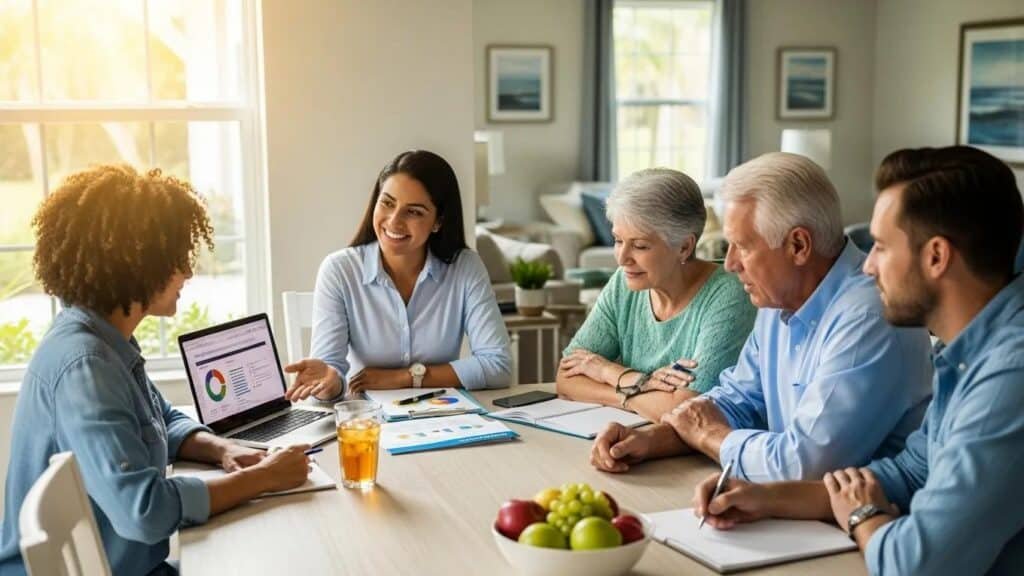 Group of Floridians discussing life insurance options in a cozy home environment