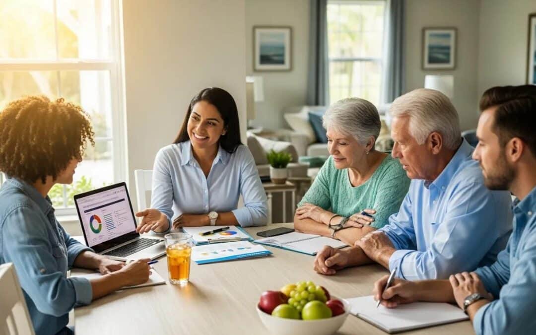 Group of Floridians discussing life insurance options in a cozy home environment