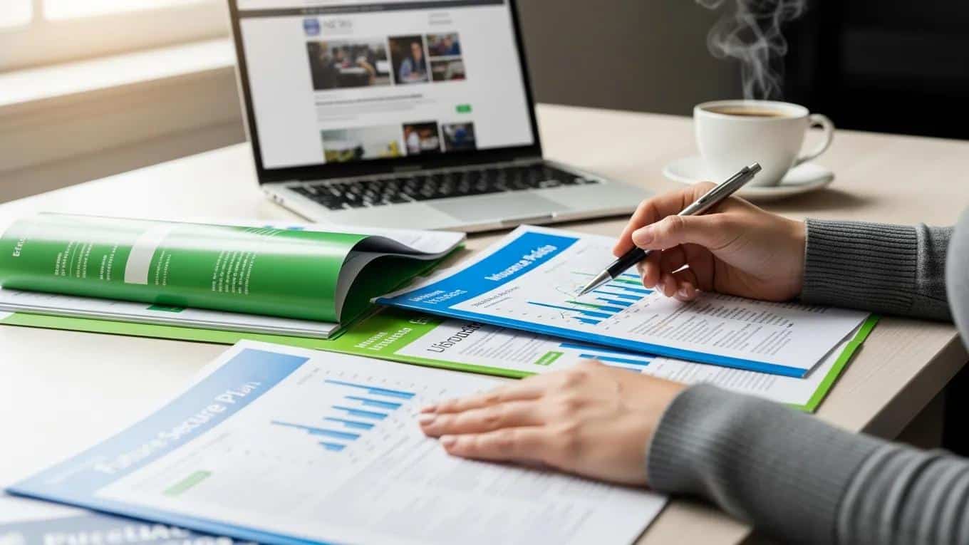Someone reviewing life insurance brochures at a desk