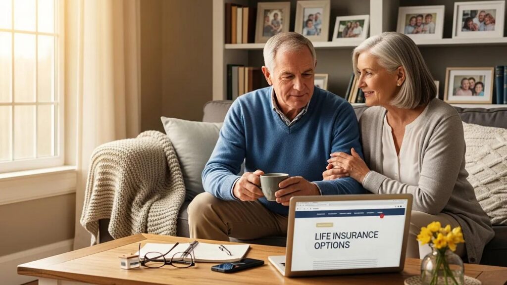 Senior couple discussing life insurance options in a cozy living room