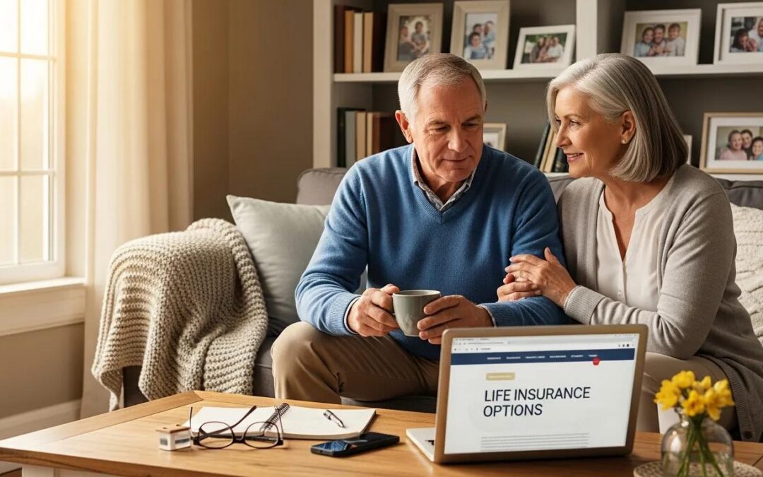 Senior couple discussing life insurance options in a cozy living room