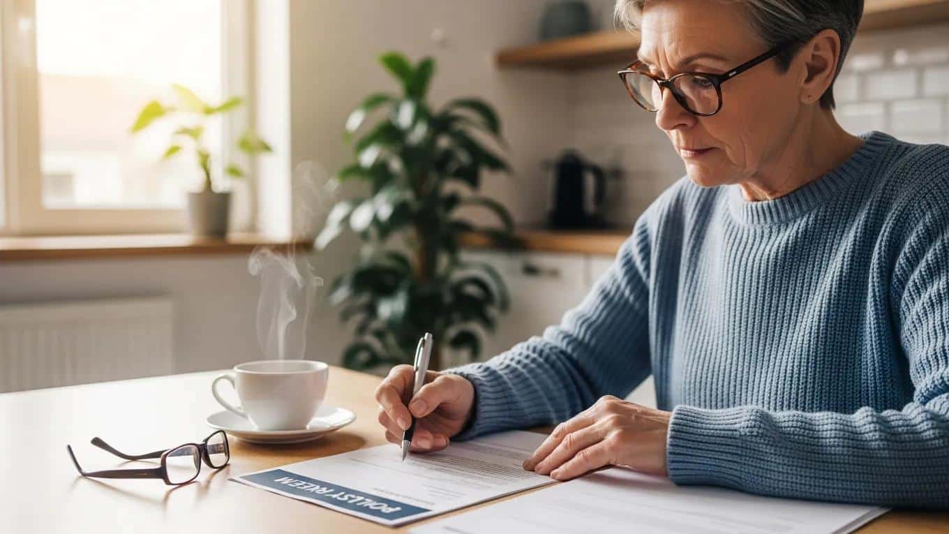 Senior reviewing insurance papers at a kitchen table