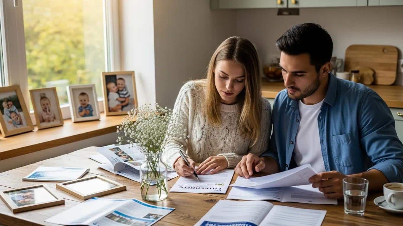 Young couple reviewing life insurance options at home, comparing coverage and making a plan