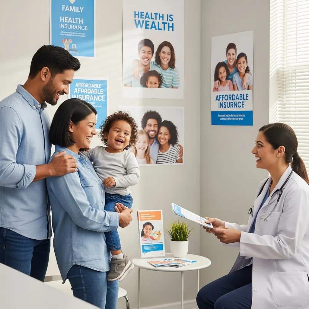 Young family at a doctor's office, illustrating the importance of affordable health insurance for family well-being