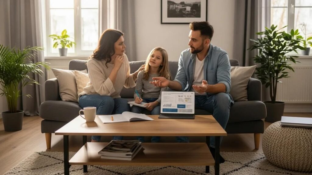 Young family discussing life insurance in a cozy living room, emphasizing financial security and family bonding