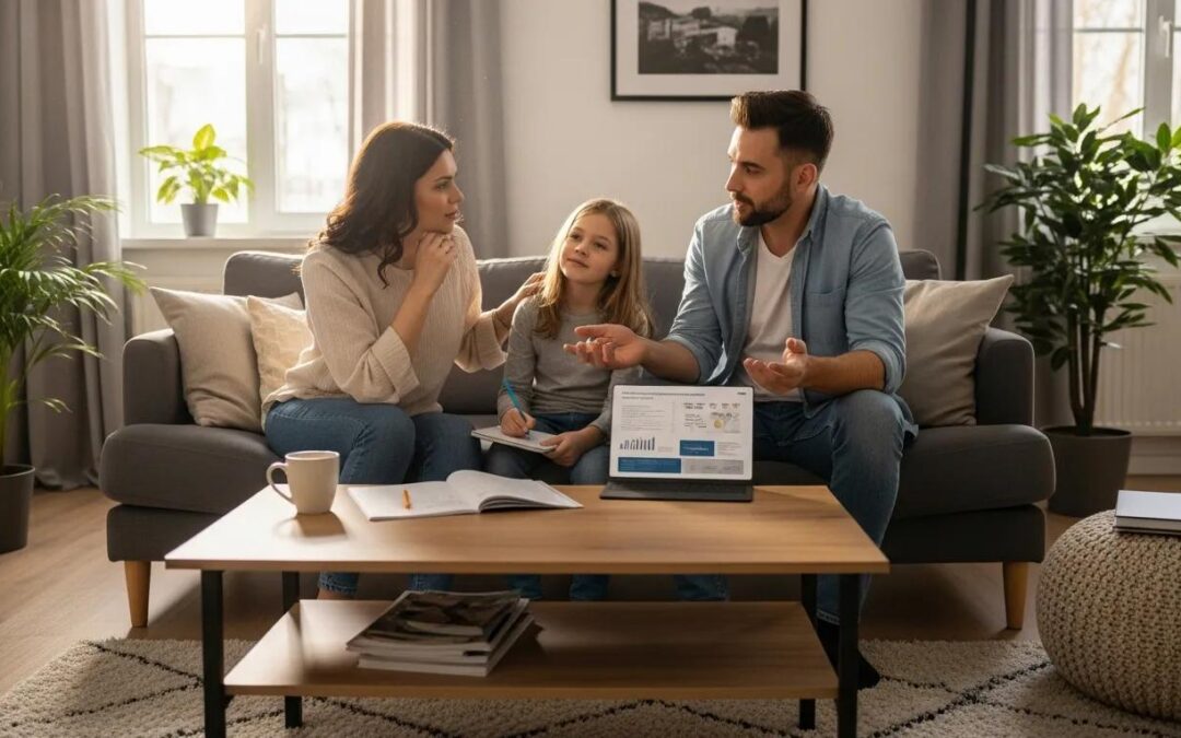 Young family discussing life insurance in a cozy living room, emphasizing financial security and family bonding