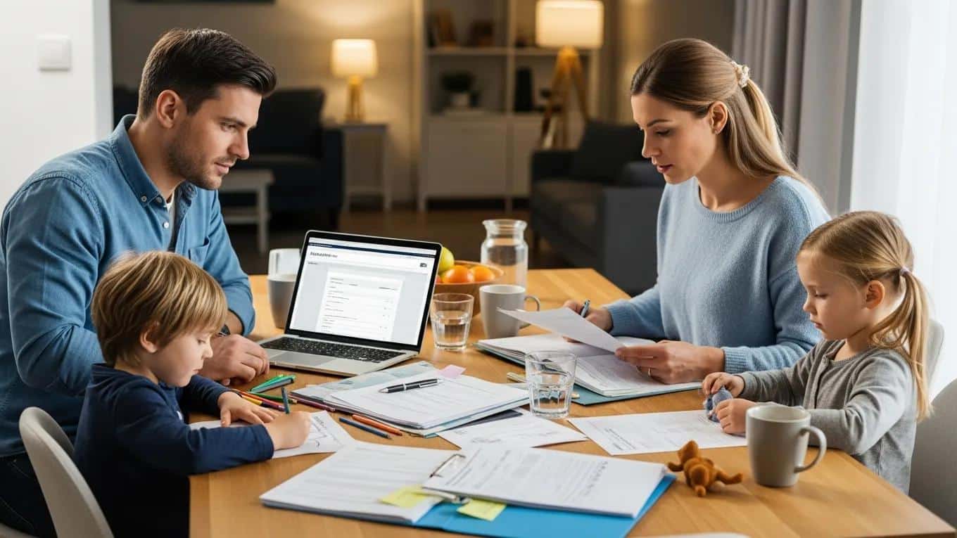 Young family completing life insurance paperwork at home, prepared for the application steps