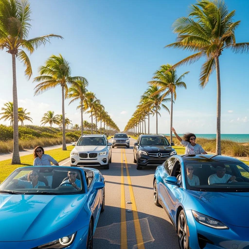 Diverse group of people driving cars in sunny Florida, representing auto insurance themes